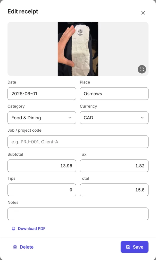 An opened receipt in Awesome Receipts: the photo of a paper receipt above form fields for date, place, category, currency, job code, subtotal, tax, tips, total and notes, all filled in by the AI.