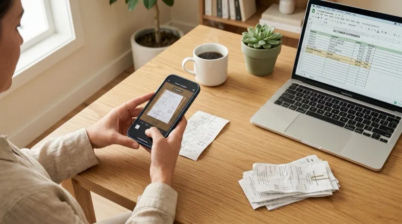 The Awesome Receipts receipt list on desktop, showing scanned receipts with merchant, date, category and total for each, and a running total across all of them.